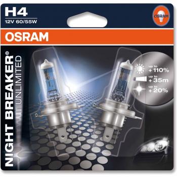Osram 64193NBU-02B Night Breaker Unlimited H4 Lámpara Halógena para Faro Principal, 110% más Luz, 12V, 60/55W, Casquillo P43T, Embalaje Blister Doble