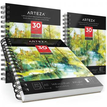 ARTEZA Bloc de dibujo profesional para pintar acuarelas | Tamaño A5 | Pack de 3 | 30 hojas x 3 | Papel de 300gsm prensado en frío | Libreta A5 con papel para pintura de acuarela y medios mixtos