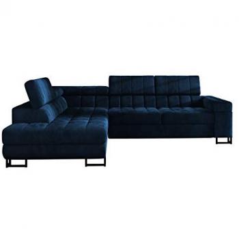 Sofá rinconero Comfivo 232, azul, con función de descanso y caja de ropa de cama, dimensiones 271x203x71cm