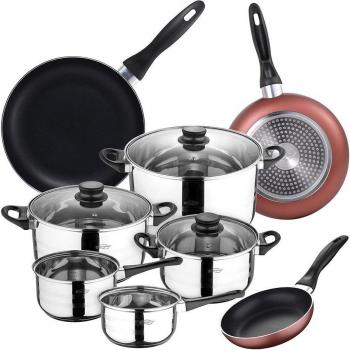 San Ignacio Batería de Cocina 8 Piezas Acero Inoxidable + Set de 3 Sartenes Inducción Aluminio Prensado 16/20/24 cm