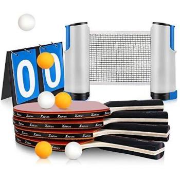 XDDIAS Raquetas de Tenis de Mesa, 4 Raquetas + Red Retráctil + Tarjeta de Puntuación + 6 Bolas Conjunto de Pingpong Set Portátil para Interior al Aire Libre Regalo