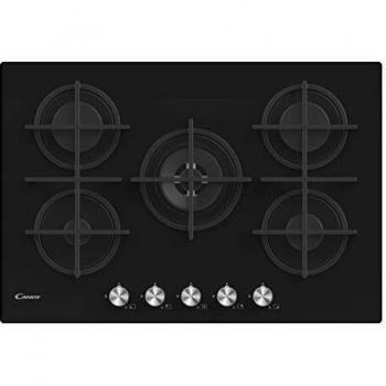 Candy CVG74WPB, Placa Gas de Cristal, 5 Fuegos, 75CM integrable en hueco 60CM, Gas Natural adaptable a Gas Butano, 12,15KW, 3 Rejillas aptas para lavavajillas, Válvula Seguridad Sicurflame, Negro