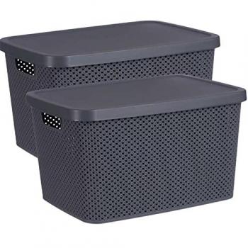 Pack de 2 Cajas Organizadoras de Plástico con Tapa y Diseño Transpirable (19 litros, Antracita)