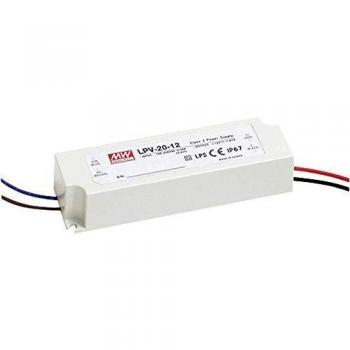 Driver LED MEAN WELL MW LPV-20-24, tipo tensión constante, entrada 127 → 370 V dc y 90 → 264 V ac, salida 24V y 840mA