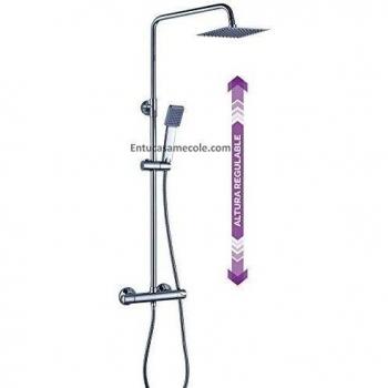 Columna de ducha extralarga MOL con grifo termostático y tubo redondo extensible de 100 a 150 cm. ideal con bañera. Rociador y ducha de mano cuadrados. Acabados cromo. Repuestos garantizados