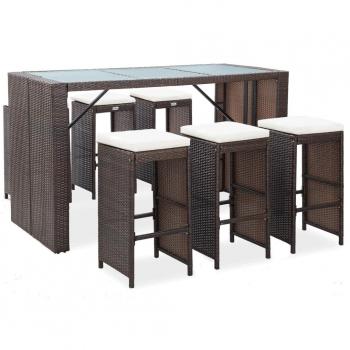 7-Piece Brown Poly Rattan Garden Bar Set with Cushions