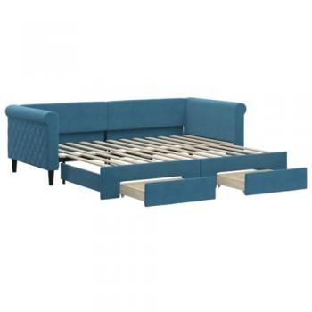 Sofá cama nido extraíble con cajones en terciopelo azul 90x200 cm
