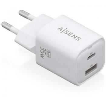 Cargador Gan de Pared AISENS ASCH-35W2P024-W, 1xUSB Tipo-C, 1xUSB, 35W, Alta Eficiencia Energética, Tecnología AI para Carga Rápida