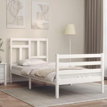 Cama individual de madera maciza con cabecero blanco 90x200 cm