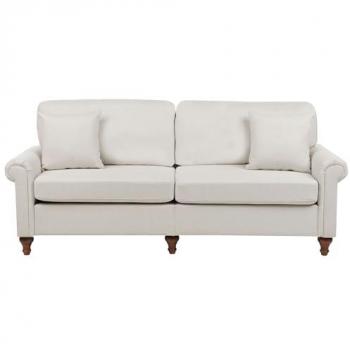 Sofá moderno de tela 3 plazas beige arena con brazos enrollados y estructura de madera maciza, incluye cojines decorativos