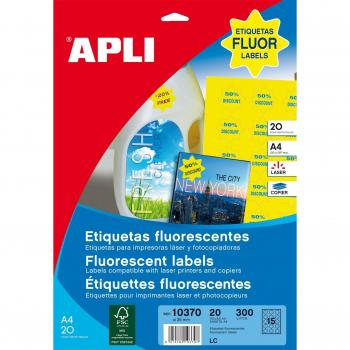 APLI 10370 - Etiquetas amarillo fluorescente permanentes estrella Ø 35 mm 20 hojas