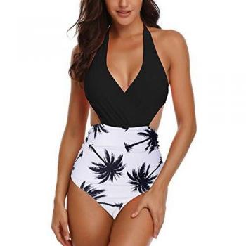 Mujer V-Cuello Trajes de baño Halter Una Pieza Push-up Acolchado Bra una Pieza Negro/Blanco L