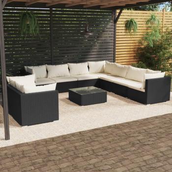 Set de muebles de jardín 10 piezas con cojines de ratán sintético negro