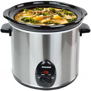 Syntrox Germany – 3 litros Acero inoxidable Slow Cooker con función para mantener caliente, cristal de seguridad y extraíble cerámica – Bol langsa mgarer olla de cocción lenta