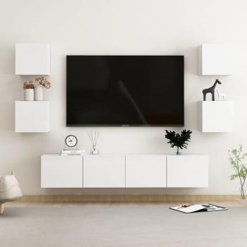 Mueble de salón 6 piezas madera ingeniería blanco brillo 80 x 30 x 30 cm, Mueble TV, Mueble Televisor, Mesa de TV
