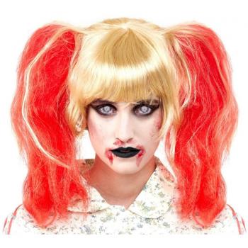 Peluca Zombie Rubia con Coletas Rojas