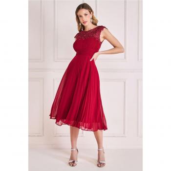 Goddiva Crochet & Pleated Top Midi Dress - Burgundy