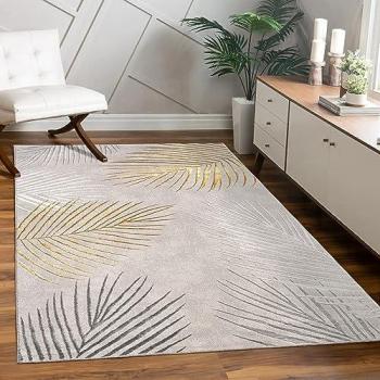 Alfombra Rectangular Tuana 218, 15 mm de Altura, Pelo Corto, Diseño Moderno de Hojas, Estructura Alta-Baja, para Sala de Estar - Paco Home