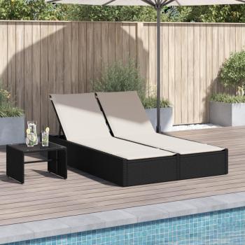 Tumbona doble con cojines de ratán sintético negro, marrón y gris - Silla de exterior ideal para jardín, playa, piscina y terraza
