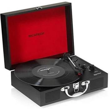 Ricatech RTT20 Tocadiscos, reproductor de discos portátil liviano con altavoces, tres velocidades, soporta salida RCA, conector para auriculares, reproductor de MP3 y vinilo estilo maleta, Negro