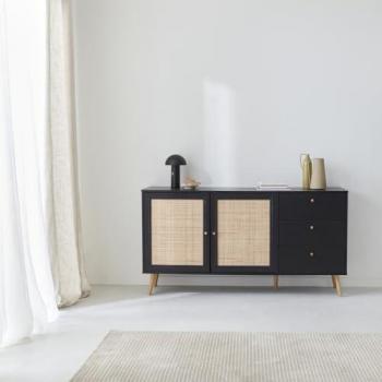 Aparador de caña Bohème negro, 150cm, 2 puertas y 3 cajones, 150x39x79 cm