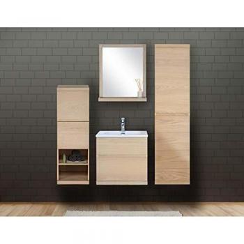 Conjunto de Mueble de Baño Suspendido en Roble de 60 cm con Lavabo de Resina, Espejo y 2 Columnas - ENIO