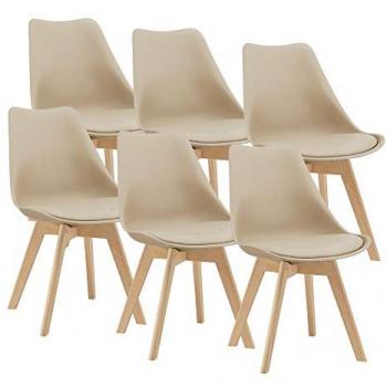 Juego de 6 sillas de comedor Fläten, tapizadas en cuero sintético, patas de madera de haya, dimensiones 81 x 49 x 57 cm, color beige