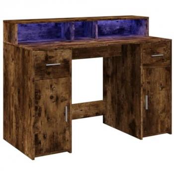 Escritorio con LED madera ingeniería roble ahumado 120x55x91 cm Marrón