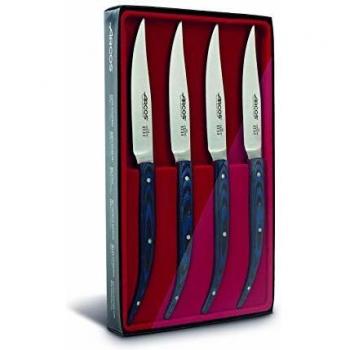 Arcos Serie Cuchillos de Mesa, Juego de Cuchillos de Mesa 4 piezas, Cuchillos Chuleteros, Hoja Filo de Acero Inoxidable Nitrum de 110 mm, Mango Madera Palisandro Color Azul