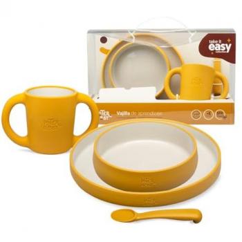 Vajilla de Aprendizaje Interbaby 5 Piezas Gris/Rosa/Ocre - Plato Llano, Bol, Cuchara, Tenedor y Vaso Antigoteo, Apta para Microondas y Lavavajillas