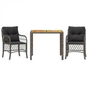 3-Piece Grey Poly Rattan Bistro Set with Cushions