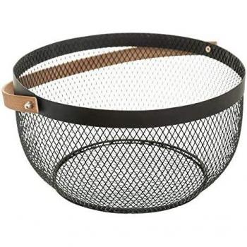 Frutero de Metal Retro Negro con Asa de Madera - Diámetro 29cm x Altura 15cm - Colección 'Noir Kitchen'
