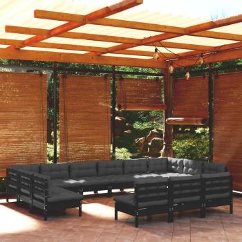 Sofá de jardín 13 PCs con cojines de pino negro sólido