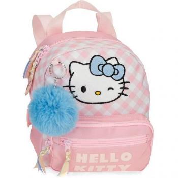 Mochila de Paseo Hello Kitty Wink Rosa 19x23x8cm Poliéster con Bolsillo Frontal y Pompón Decorativo