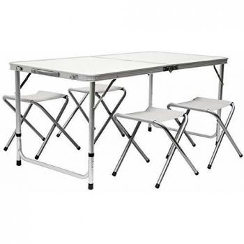 Mesa de Camping Plegable 120x60x70cm con 4 Taburetes, Altura Regulable y Formato Maletín, Gris Claro