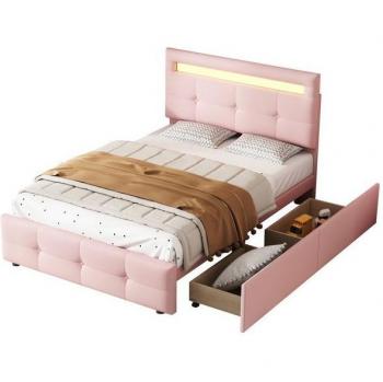 Cama doble tapizada de terciopelo negro con 2 cajones y puertos USB, 140x200 cm, sin colchón