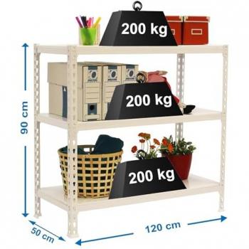 Estantería Metálica Simonclick Megaplus 3 Baldas 900x1200x500 mm Blanco 200 kg de Capacidad