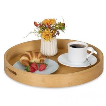 Bandeja Redonda de Bambú y MDF con Asas, Borde Alto, 5x40 cm - Relaxdays