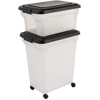 Contenedor Hermético para Pienso de Mascotas con Ruedas, 45L+20L, Negro, Ideal para Perros y Gatos, Plástico Transparente
