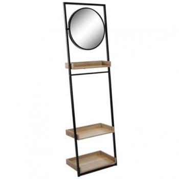 Estantería de Baño Versa con Espejo, Madera MDF, dimensiones 30,5 x 180 x 52 cm, color natural y negro, incluye espejo redondo y 3 baldas de madera MDF