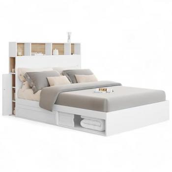 Cama Doble Clem con Cabecero, Almacenamiento y Somier Blanco 140 x 190 cm