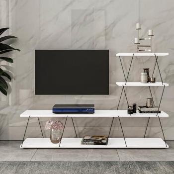 Mesa de TV Båtsfjord con 4 estantes, aglomerado, 150x30x93 cm, color blanco