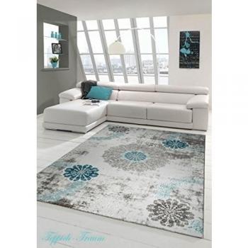 Alfombra diseñador de alfombras de lana Alfombra moderna con adornos que viven alfombra alfombra de la sala en turquesa gris crema Größe 120x170 cm