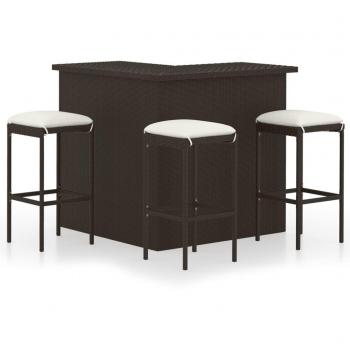 4-Piece Brown Poly Rattan Garden Bar Set with Cushions