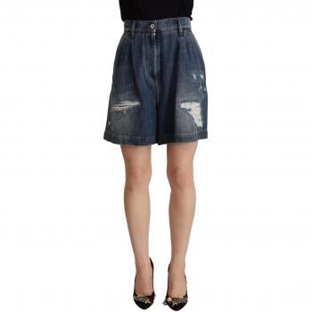 Dolce & Gabbana Blue Distressed Cotton High Waist Bermuda Shorts