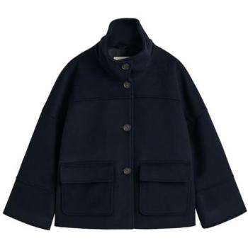 Gant Women's Cropped Wool Jacket with Stand Collar, Size S, Dark Blue