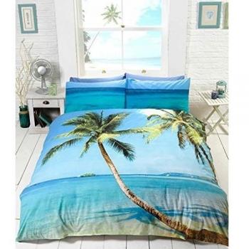 Just Contempo - Juego de funda nórdica y fundas de almohada, diseño con foto de playa tropical con efecto 3D, color azul y verde, algodón poliéster, azul, verde, matrimonio