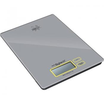 Sytech Foodeasy SY-BS516GR Báscula de Cocina Digital, Diseño Slim, Capacidad 5 Kg, Colores Negro/Gris/Blanco, Superficie de Vidrio Templado, 4 Sen