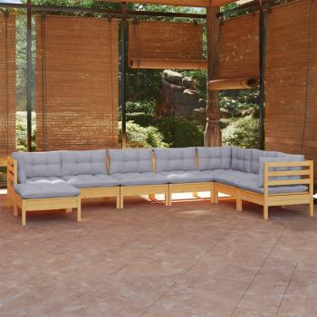 8-Piece Solid Pinewood Garden Lounge Set with Gray Cushions