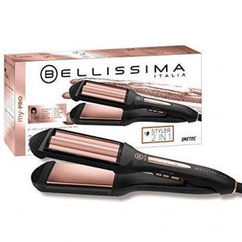 Imetec Bellissima My Pro 2 en 1 Straight&Waves B29 100 - Plancha de pelo Formato XL, liso y ondulado Beach Waves, revestimiento en cerámica, 4 niveles de temperatura de 150°C hasta 210°C, negro/oro